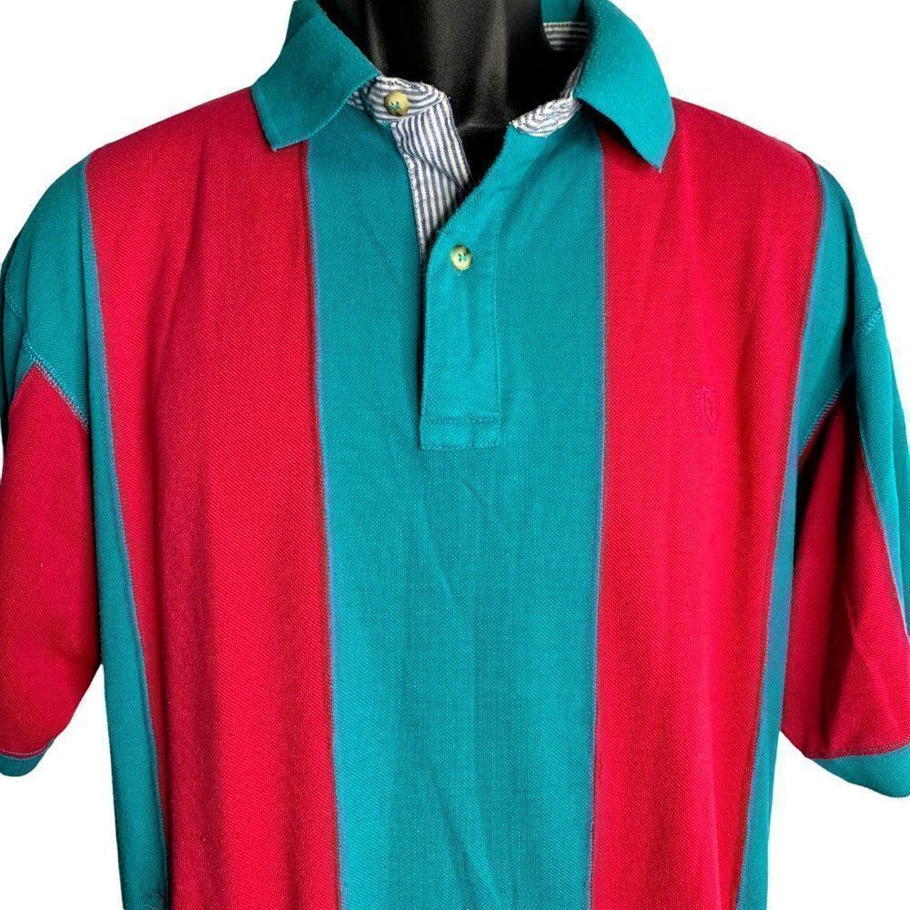 Vintage 90s Mens Striped Polo Shirt L Turquoise Pink Short Sleeve Buttons